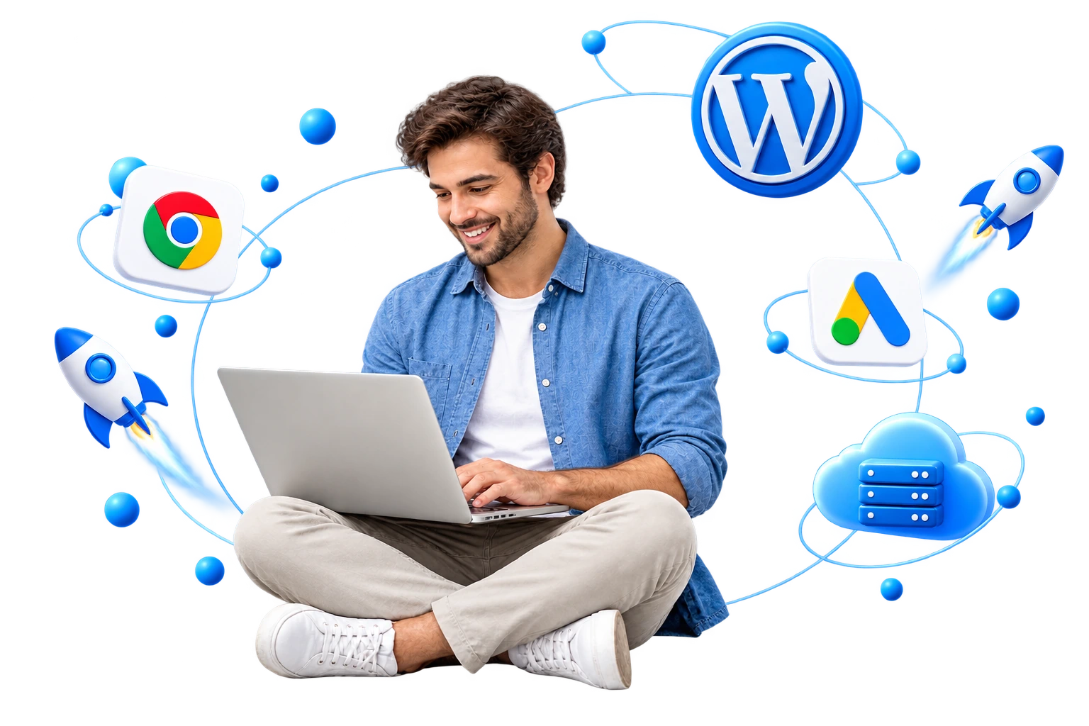 Homem trabalhando no notebook, acompanhado de elementos de WordPress, hospedagem e marketing digital