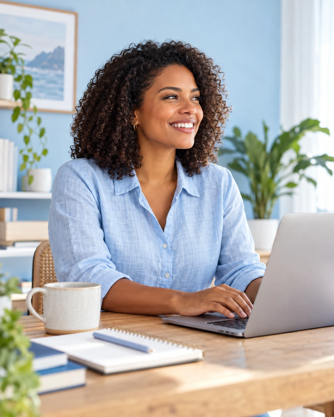 Empreendedora sorrindo enquanto trabalha em seu projeto no notebook